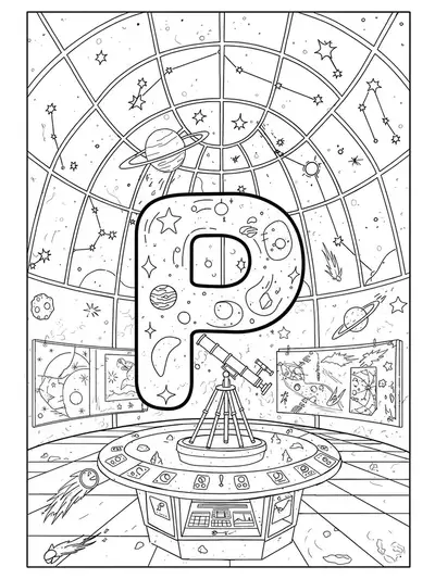 The letter P in a planetarium setting with telescope, star charts, and planets, medium complexity.
