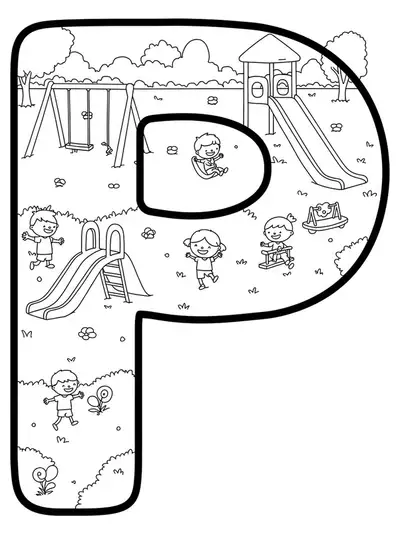A large letter P with children playing on swings and a slide, all drawn simply.