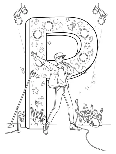 Line art of the letter P next to a pop star on stage with microphones, lights, and an audience, medium detail.