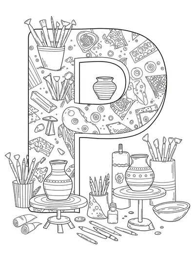 Black and white coloring page of the letter P surrounded by pottery, clay, and art tools in a studio, medium detail.