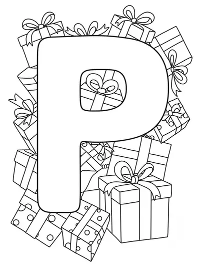 A big letter P surrounded by wrapped presents with bows, all in simple black and white outlines.