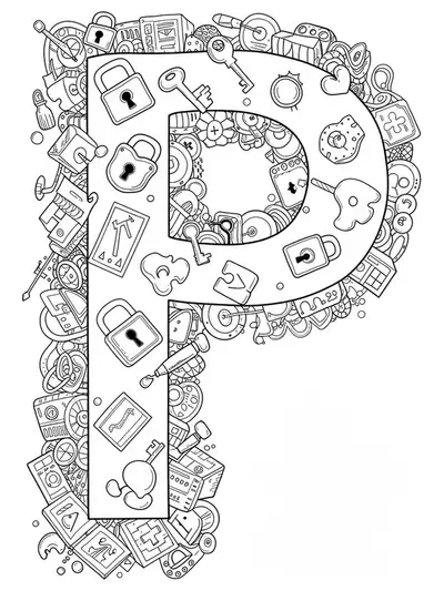 Letter P with locks, keys, puzzle pieces, clues, and escape room objects, medium detail.