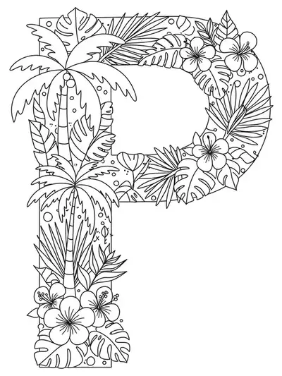 Letter P with tropical palm trees and flowers for adult coloring.