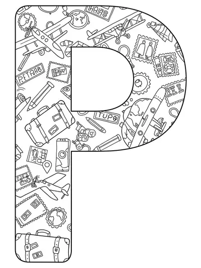 Letter P decorated with vintage travel items and motifs for coloring.