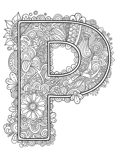 Letter P filled with abstract zen doodle patterns for adult coloring.