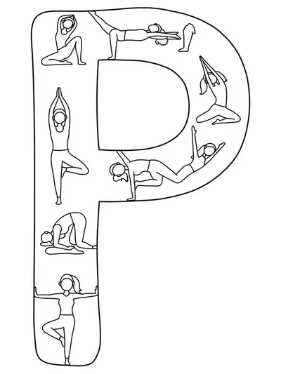 Letter P with simple yoga pose outlines, easy for adults to color.