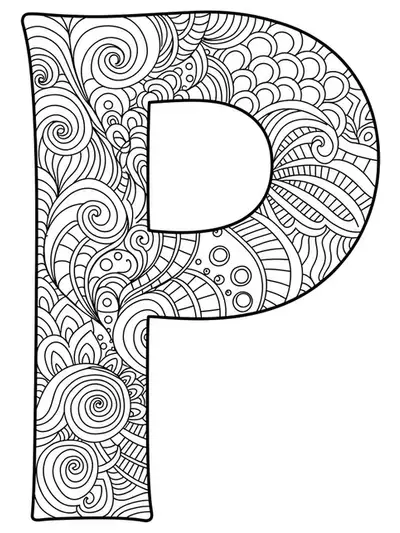 Letter P with spacious, easy Zen patterns such as waves and circles, suitable for adult coloring.