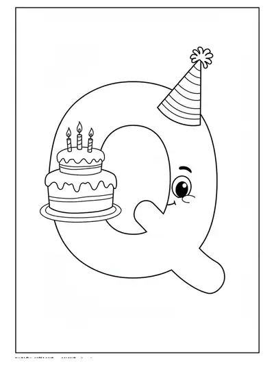 Large letter Q with a cartoon birthday cake and party hat, simple and easy-to-color outlines.