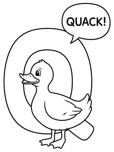 Large letter Q with a cartoon duck and speech bubble that says 'quack', all simple outlines.