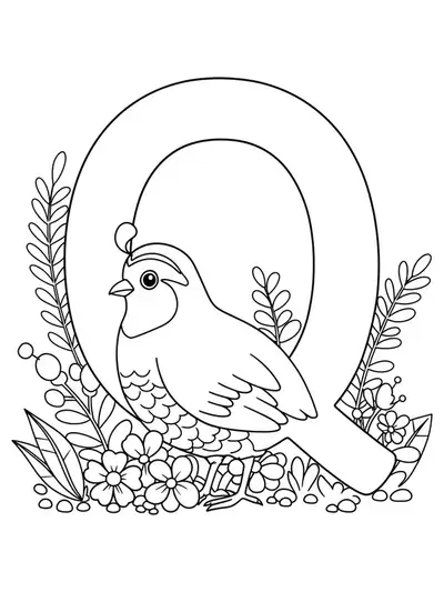 Outline drawing of a capital letter Q with a quail and garden plants for coloring