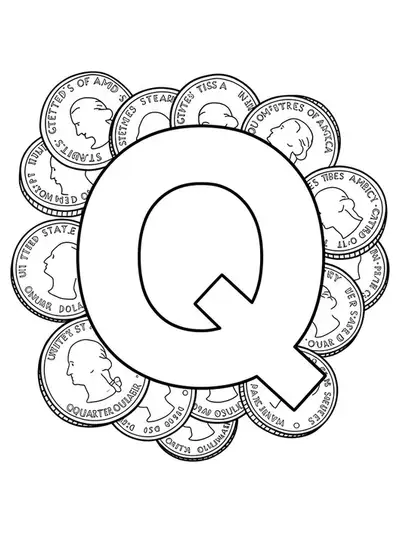 Outline of letter Q surrounded by different quarter coins for coloring