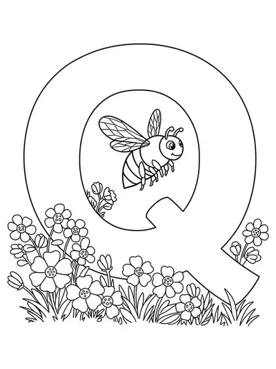 Outline of letter Q, a queen bee, and spring flowers for coloring