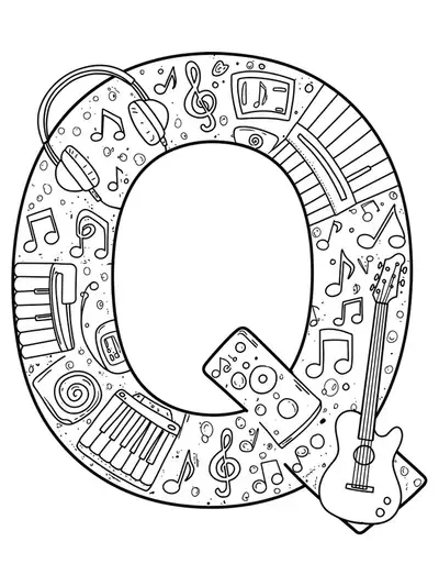 Coloring page with letter Q, musical notes, headphones, and a guitar.