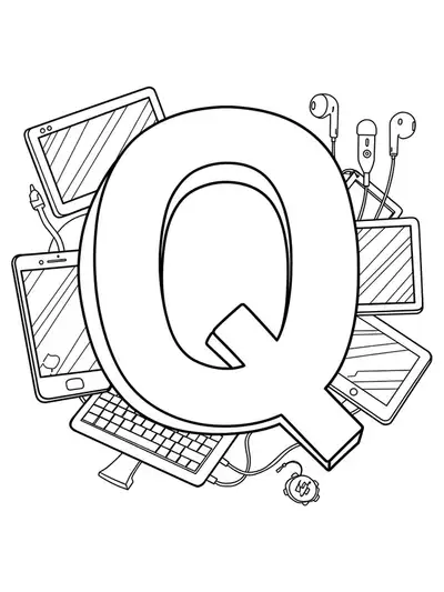 Coloring page with letter Q and technology gadgets like smartphone and earbuds.