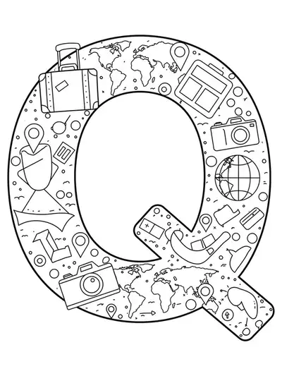 Coloring page with letter Q, suitcase, camera, and world map for a travel theme.