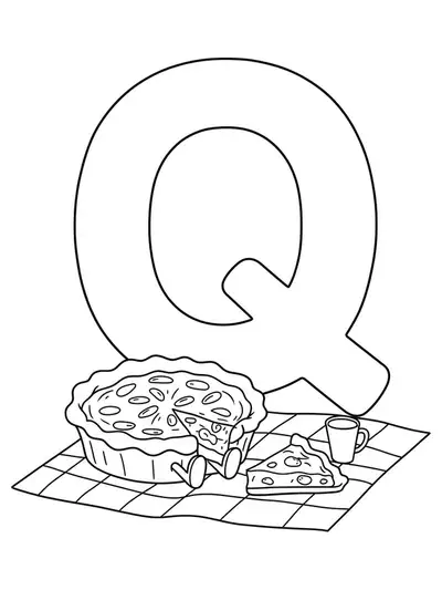 Big letter Q next to a cartoon quiche pie on a picnic blanket with easy outlines.