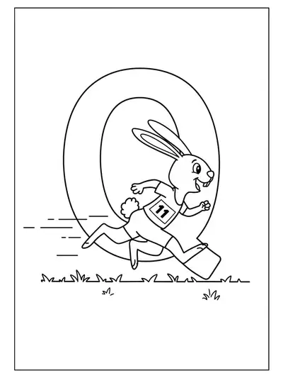 Large letter Q with a cartoon rabbit running, very simple outlines for young kids.