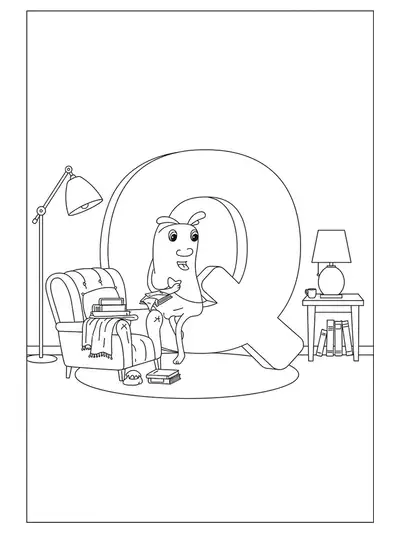 Coloring page with letter Q in a reading nook with books, chair, and lamp.