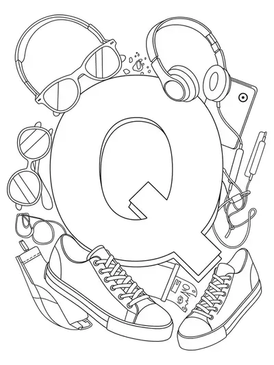 Line art coloring page with letter Q and fashion accessories like sunglasses and sneakers.