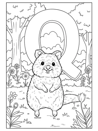 A smiling quokka sitting in a park with trees, flowers, and a large letter Q.