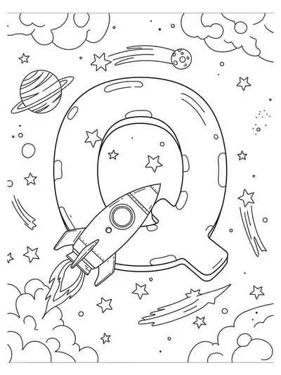Outline of letter Q rocket ship flying in space with stars and planets for coloring