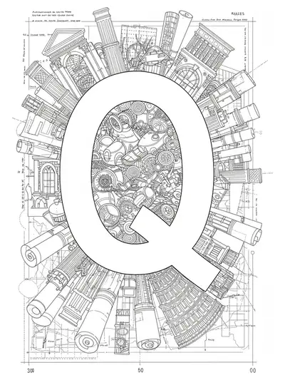 A complex letter Q design surrounded by detailed architectural drawings and famous structures for adult coloring.