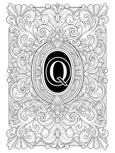 A stylized letter Q adorned with intricate Art Deco geometric patterns and embellishments for adult coloring.