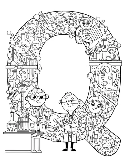 Intricate science lab scene with the letter Q, flasks, beakers, and scientists.