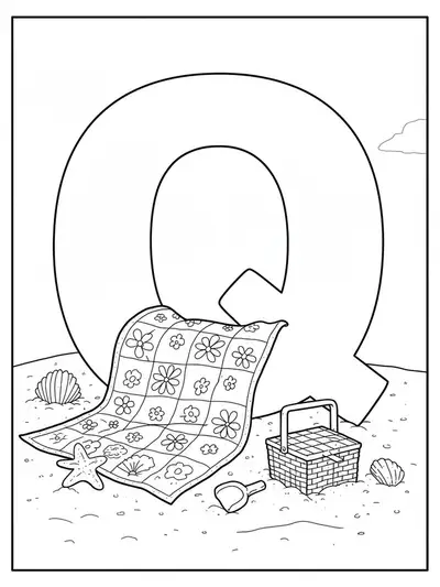 Outline of a letter Q, quilt, picnic basket, and beach scene for coloring