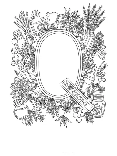 A complex letter Q design surrounded by apothecary bottles, herbs, and botanical details for adult coloring.