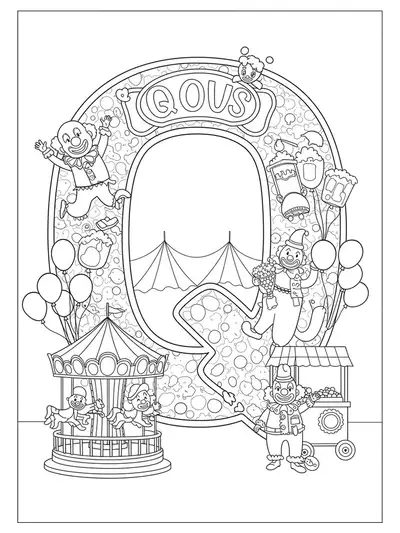 Carnival scene featuring the letter Q, clowns, carousel, popcorn, and balloons.