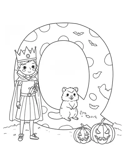 Outline of letter Q with child in queen costume, quokka, and Halloween pumpkins for coloring