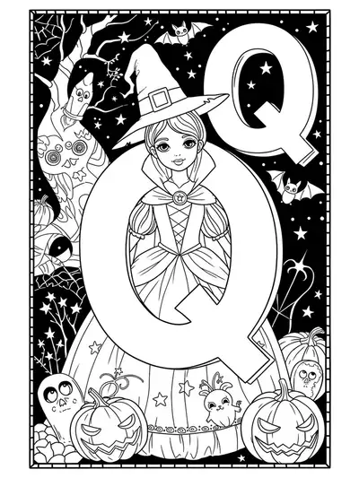 A magical queen in a Halloween costume standing beside the letter Q with pumpkins, bats, and stars.