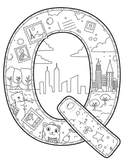 Travel postcard-themed letter Q coloring page for adults, with basic postcard and stamp designs.
