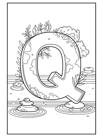 Zen garden-themed letter Q coloring page for adults, with simple rocks and sand patterns.