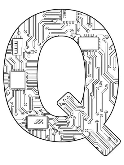 A cyberpunk-themed letter Q with intricate circuit board patterns and futuristic details for teens.