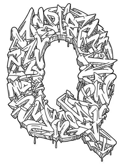 A highly detailed street art themed letter Q with intricate graffiti, abstract tags, and urban motifs for teens to color.