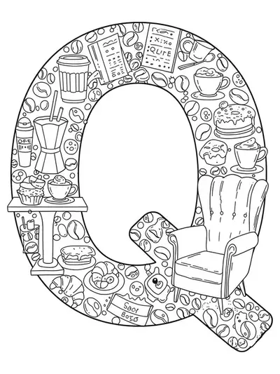 Coloring page with letter Q, coffee cups, pastries, and a cozy chair.