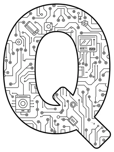 Technology-themed letter Q coloring page for adults, with simple circuit and gadget icons around the letter.