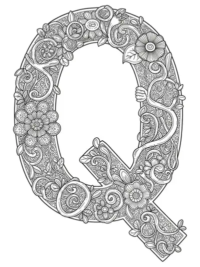 A sophisticated letter Q enmeshed in an elaborate labyrinth garden with twisting paths and floral borders for adult coloring.