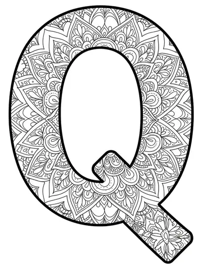 An ornate letter Q filled with intricate mandala and quilt-inspired geometric patterns for adult coloring.