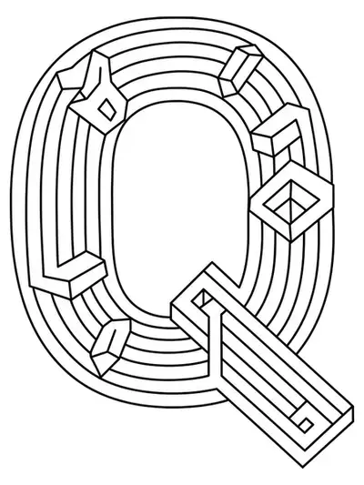 A decorative letter Q integrated with complex optical illusion patterns and impossible shapes for adult coloring.