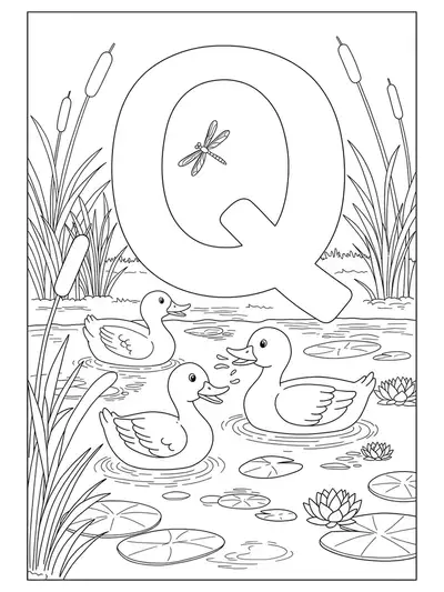 Ducks quacking in a pond with reeds, lily pads, dragonflies, and the letter Q.