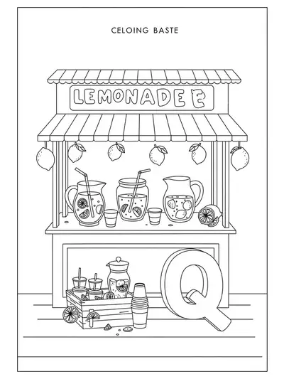 A lemonade stand with pitchers, cups, lemons, and a large letter Q.
