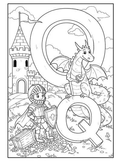 A knight and dragon searching for treasure near a castle and a large letter Q.