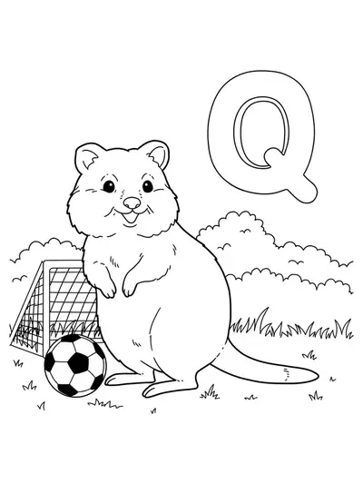 A quokka kicking a soccer ball with the letter Q, goalpost, and grassy field.