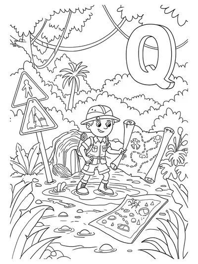 An explorer near quicksand with warning signs, jungle plants, a map, and a large letter Q.