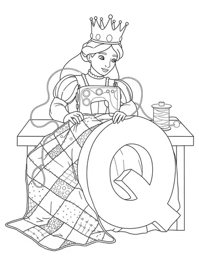 A queen sitting and sewing a patterned quilt by the letter Q, with threads and fabric squares.