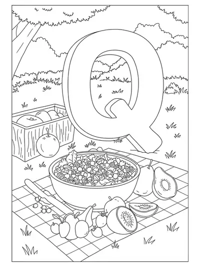 A picnic scene with a bowl of quinoa salad, fruits, and a large letter Q.