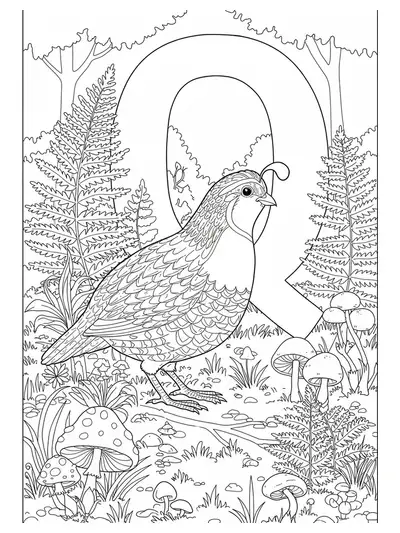 A quail walking in a forest with ferns, mushrooms, and a big letter Q.